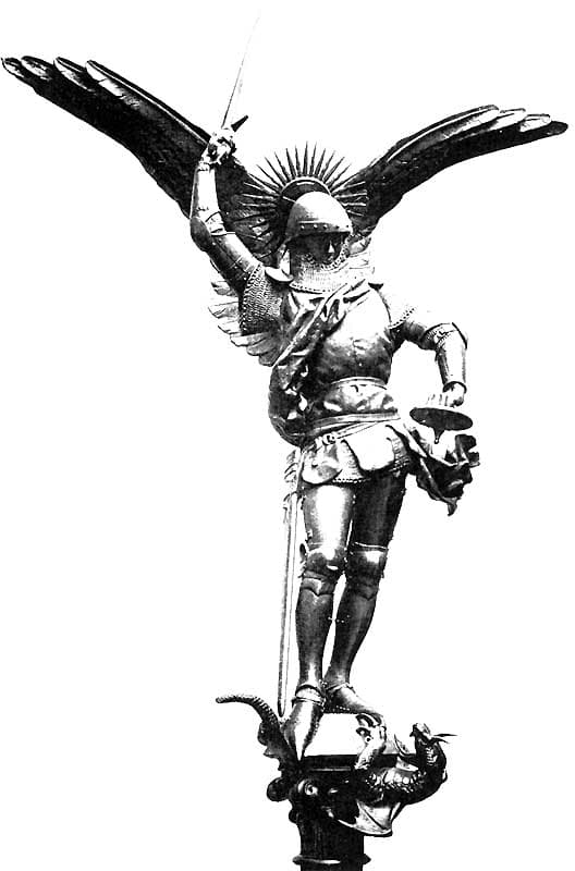 Estátua de são Miguel a esmagar o dragão por Emmanuel Frémiet, instalada no topo do Monte em 1897