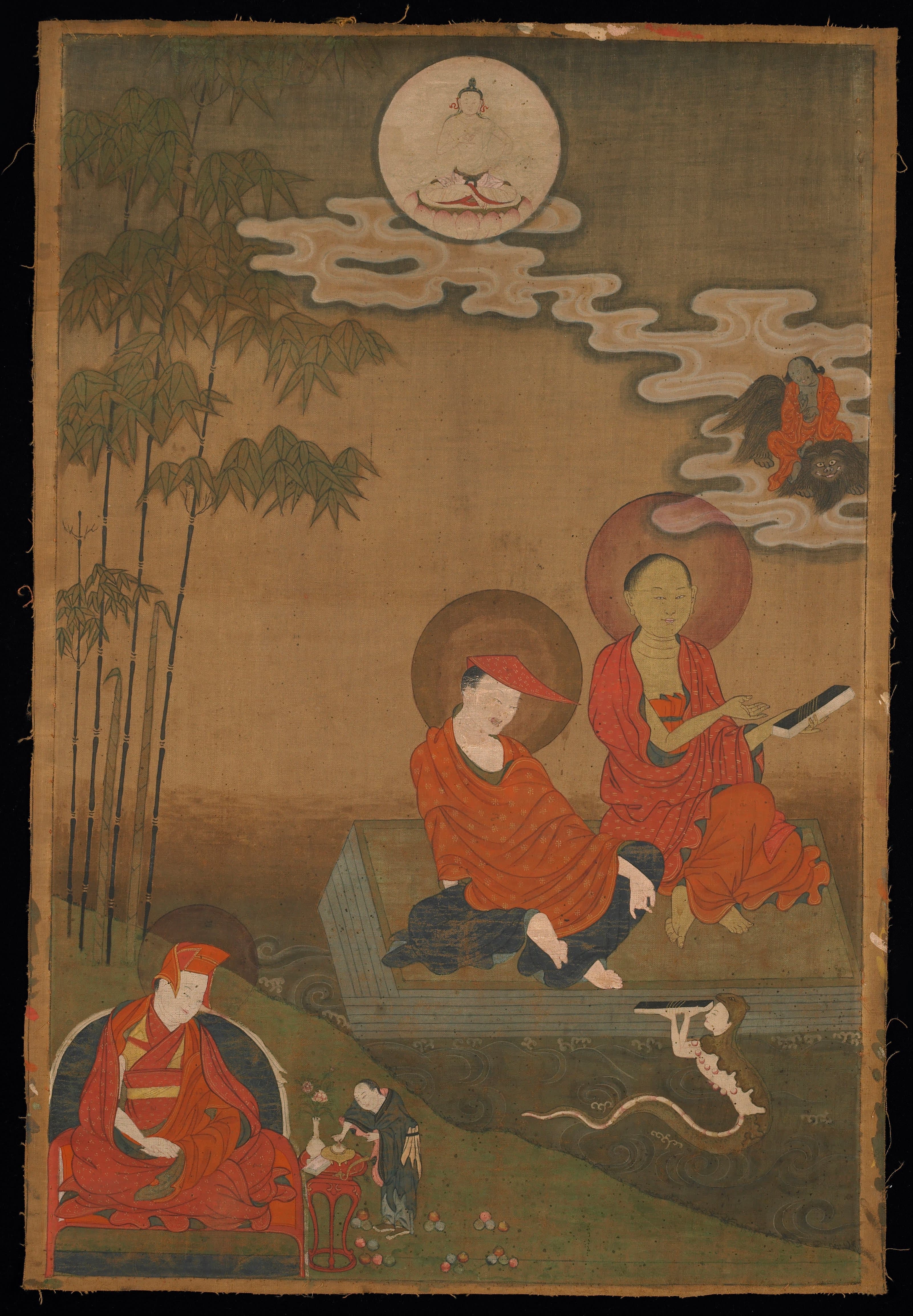 Tibetisches Gemälde, das Nagarjuna und Aryadeva darstellt
