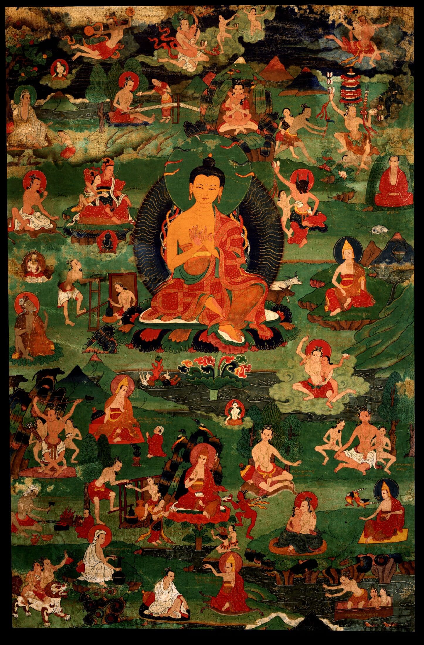 Tibetisches Thangka mit Nagarjuna unter Schlangen, umgeben von Mahasiddhas