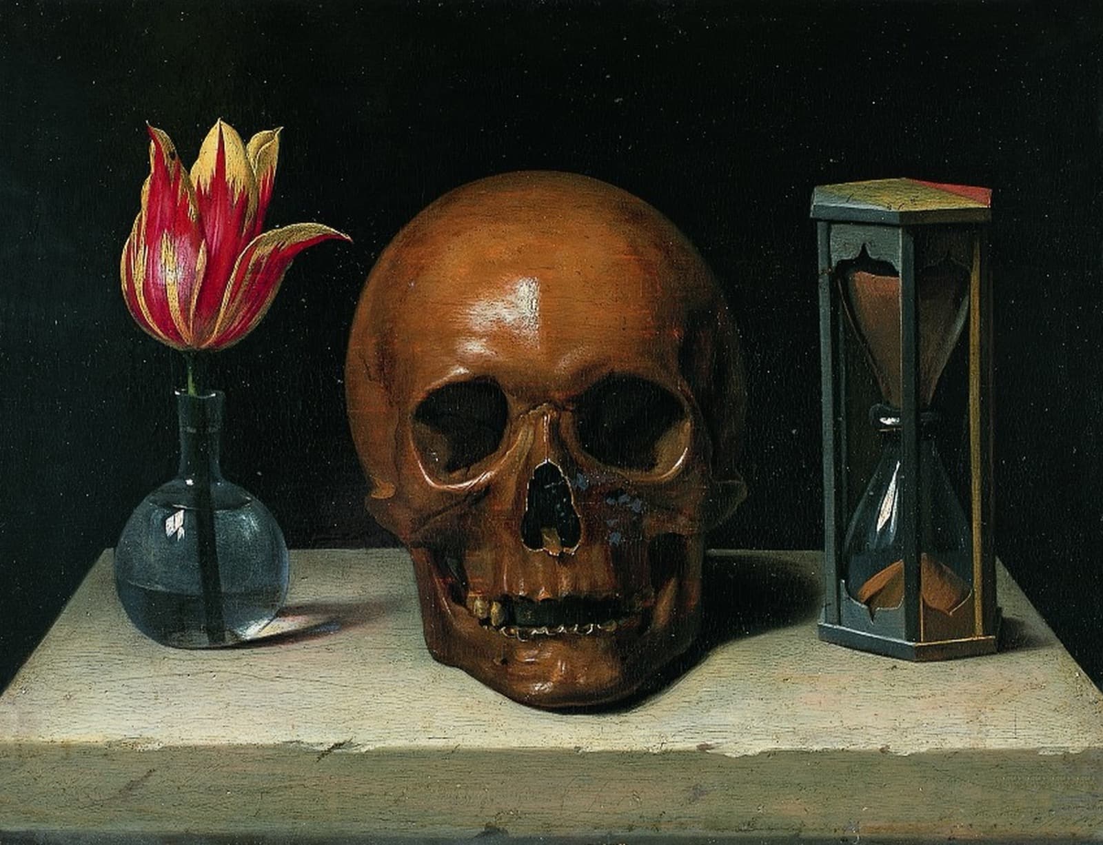 Spiritual vanity: overturned hourglass, skull and open book on eternity