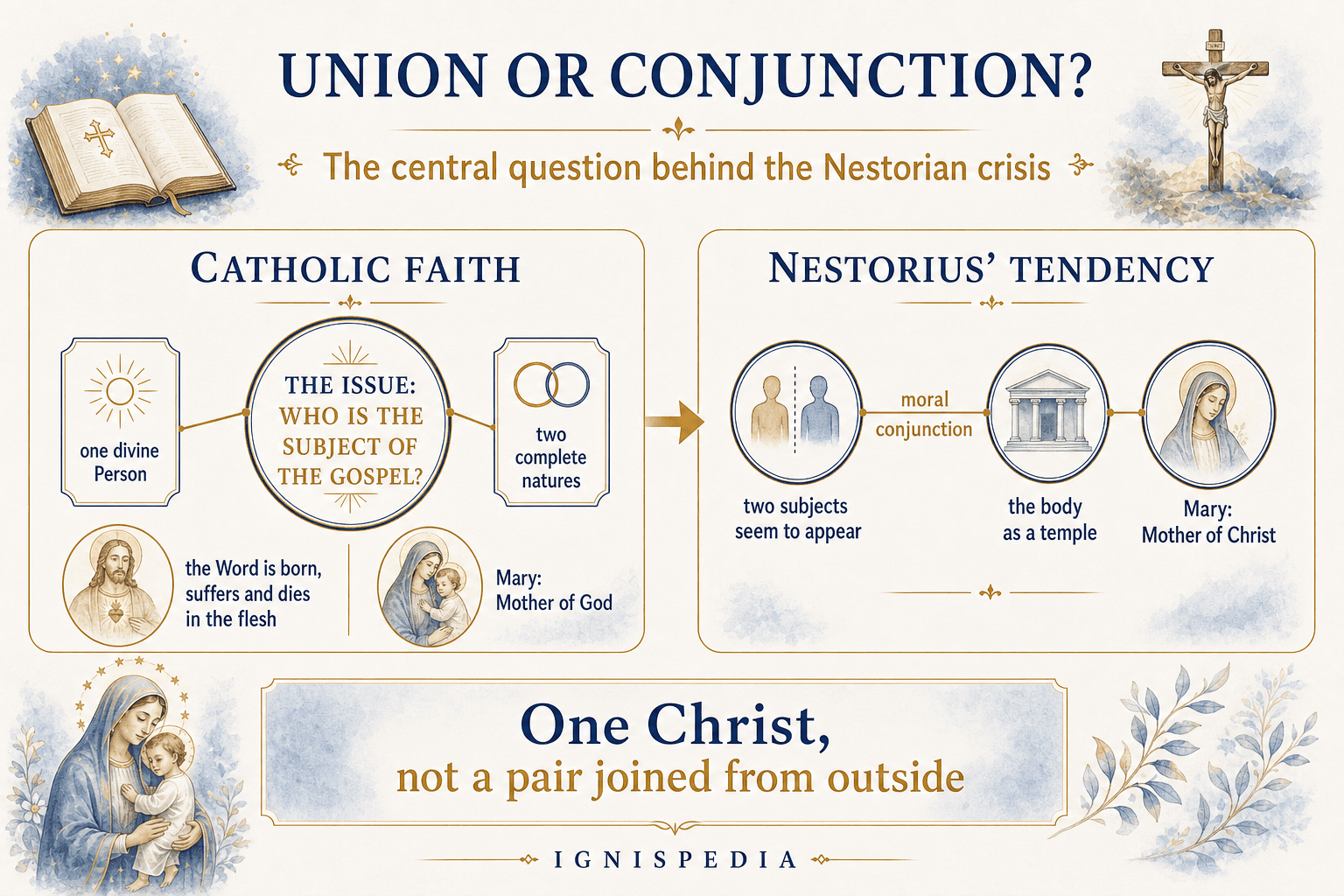 Diagram comparing the hypostatic union confessed by the Church and the conjunction logic attributed to Nestorius