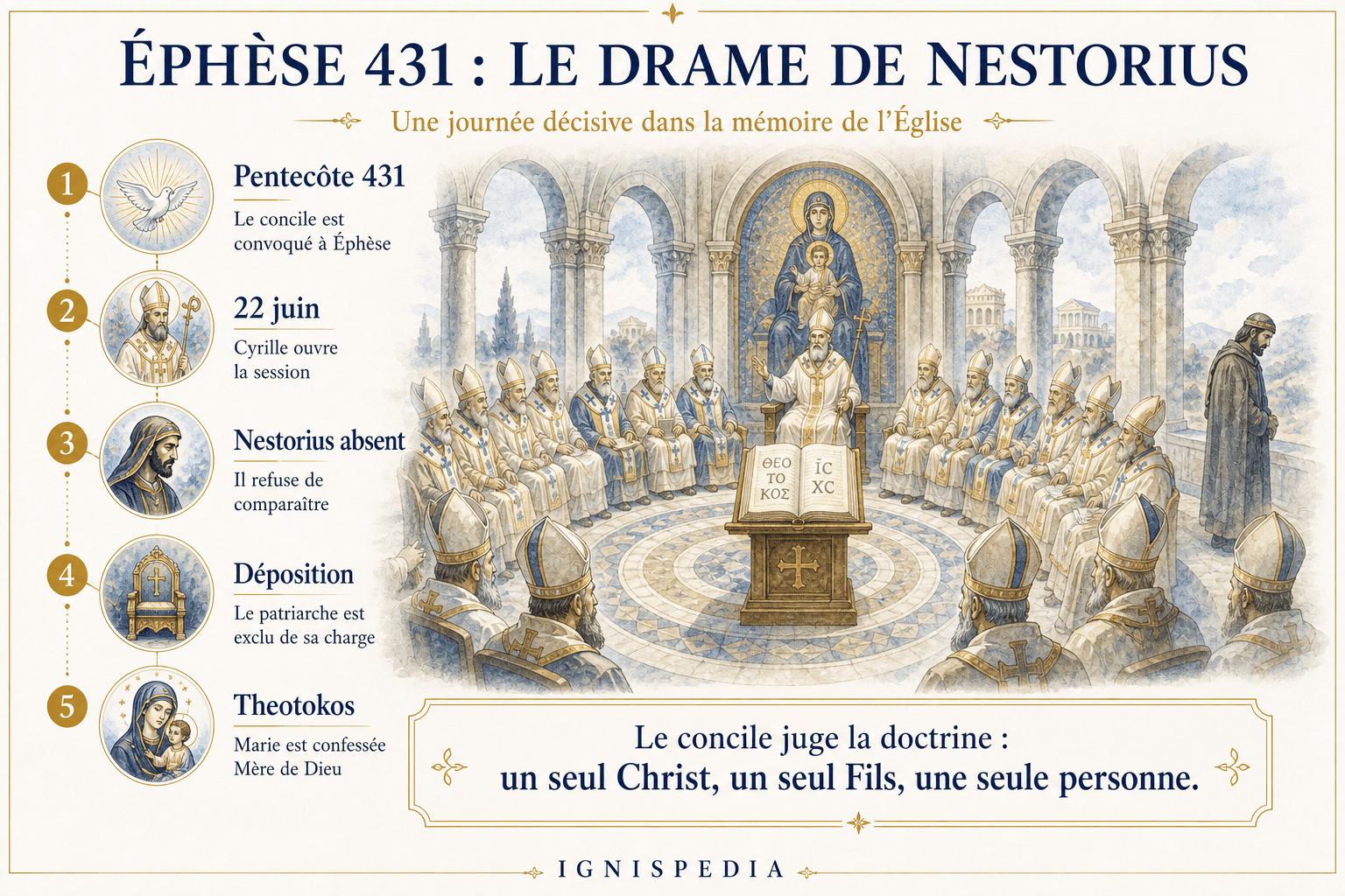 Frise illustrée du concile d'Éphèse et de la déposition de Nestorius en 431