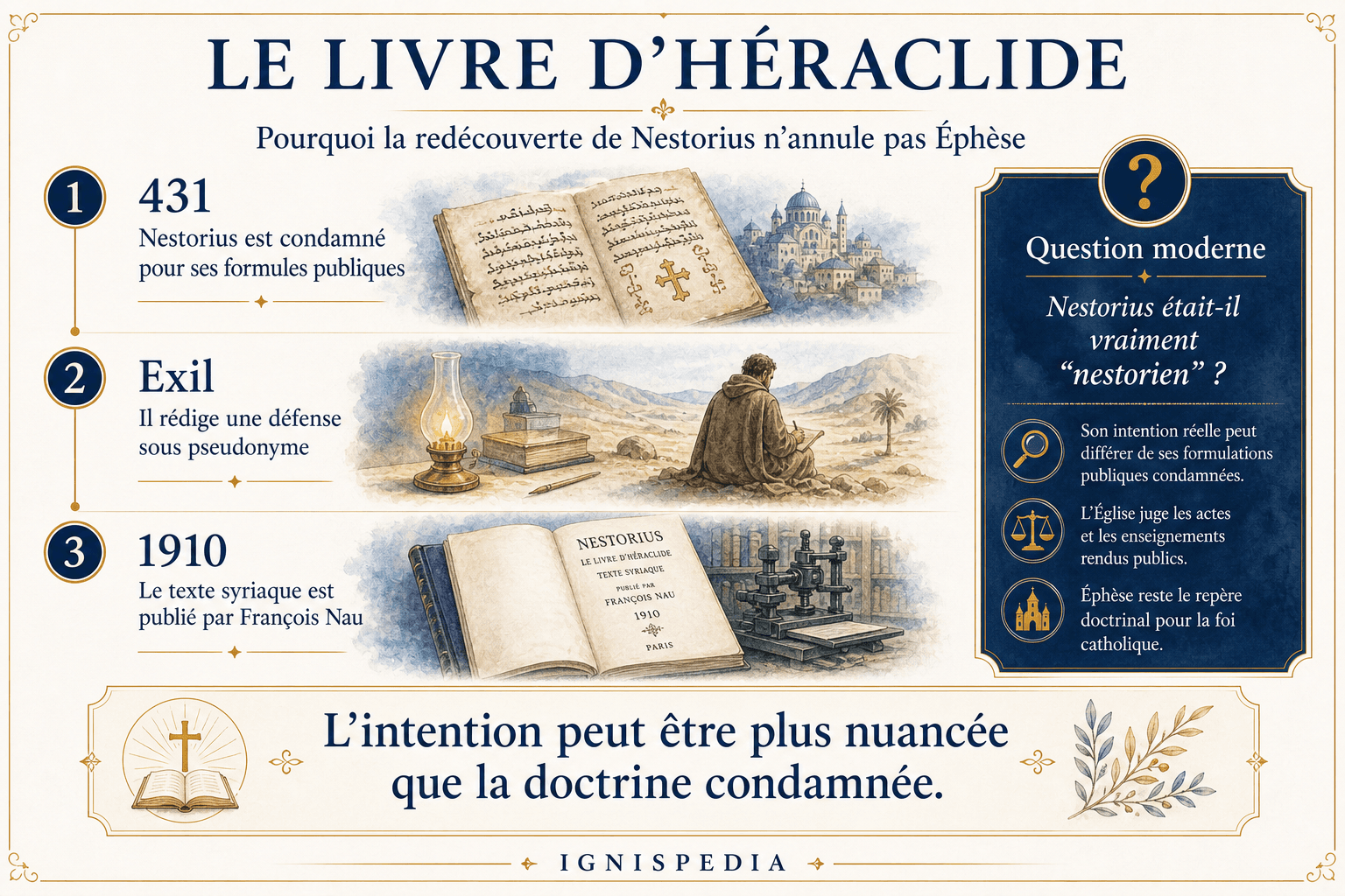 Infographie sur le Livre d'Héraclide, l'exil de Nestorius et la publication syriaque de 1910