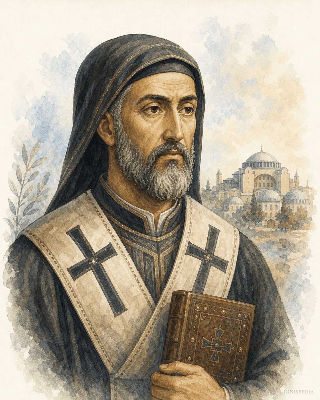Portrait aquarelle de Nestorius, moine antiochien devenu patriarche de Constantinople
