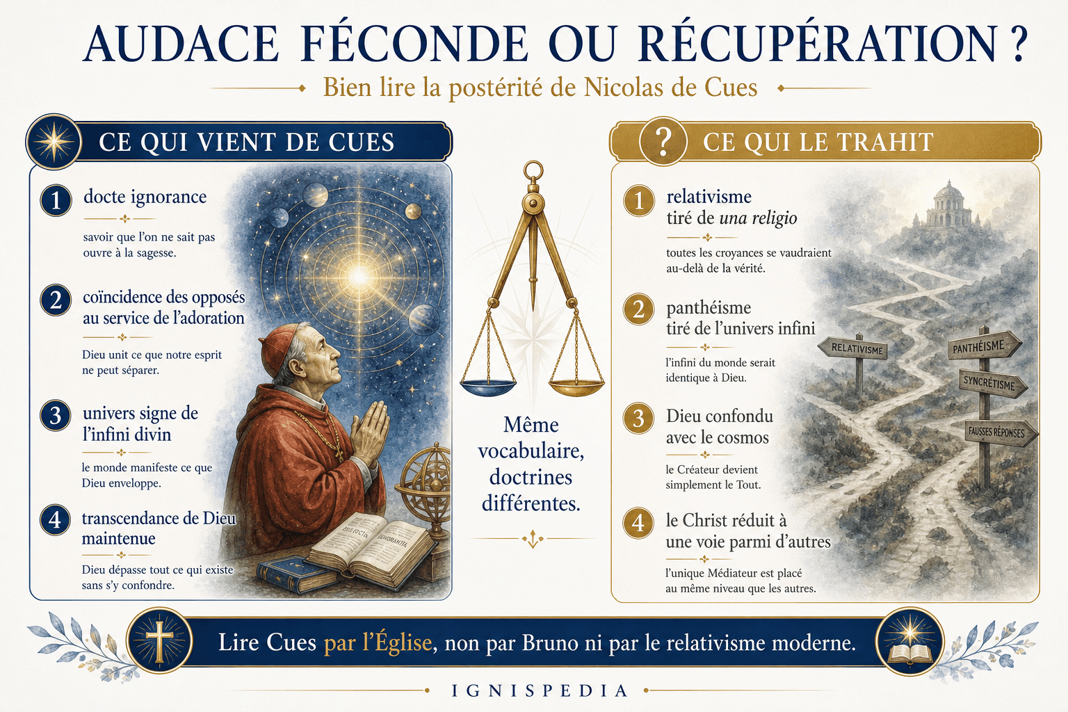 Infographie comparant ce qui vient vraiment de Nicolas de Cues et les récupérations relativistes ou panthéistes qui le trahissent.