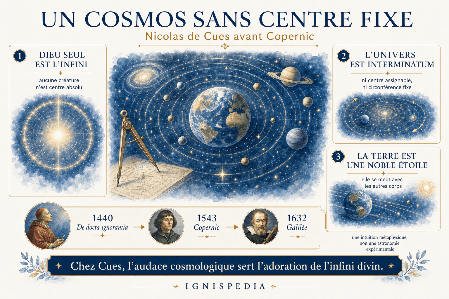 Infographie sur le cosmos sans centre fixe selon Nicolas de Cues, avant Copernic.