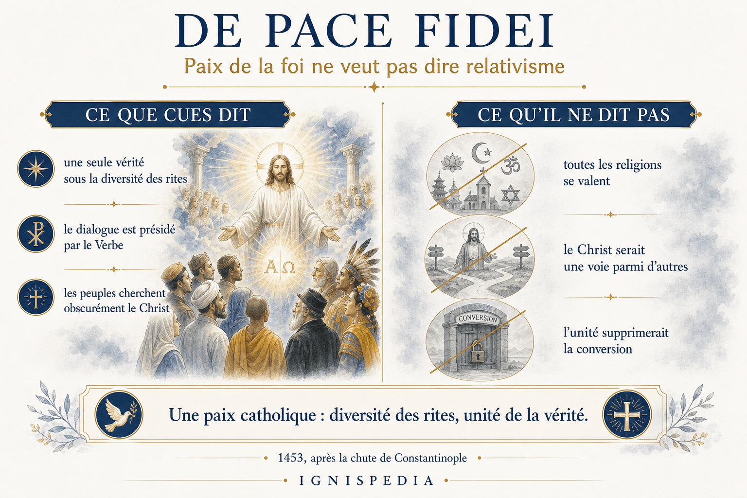 Infographie expliquant que De pace fidei défend la paix de la foi sans relativisme religieux.