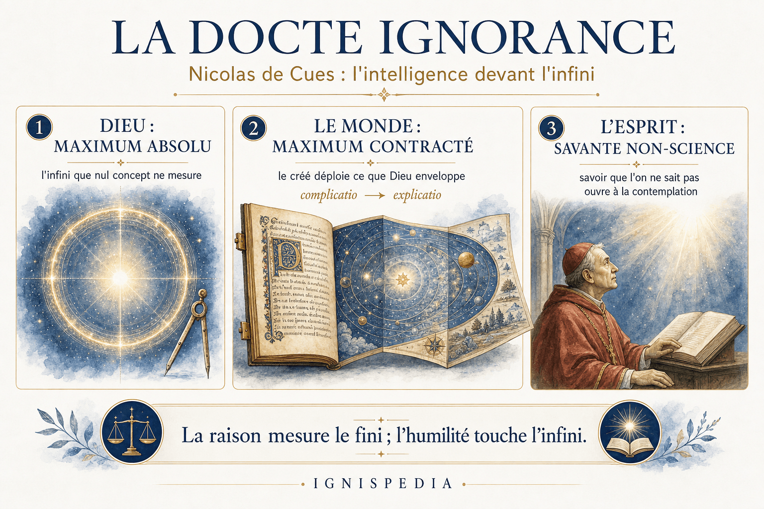 Infographie sur la docte ignorance de Nicolas de Cues : Dieu maximum absolu, monde maximum contracté, esprit en savante non-science.