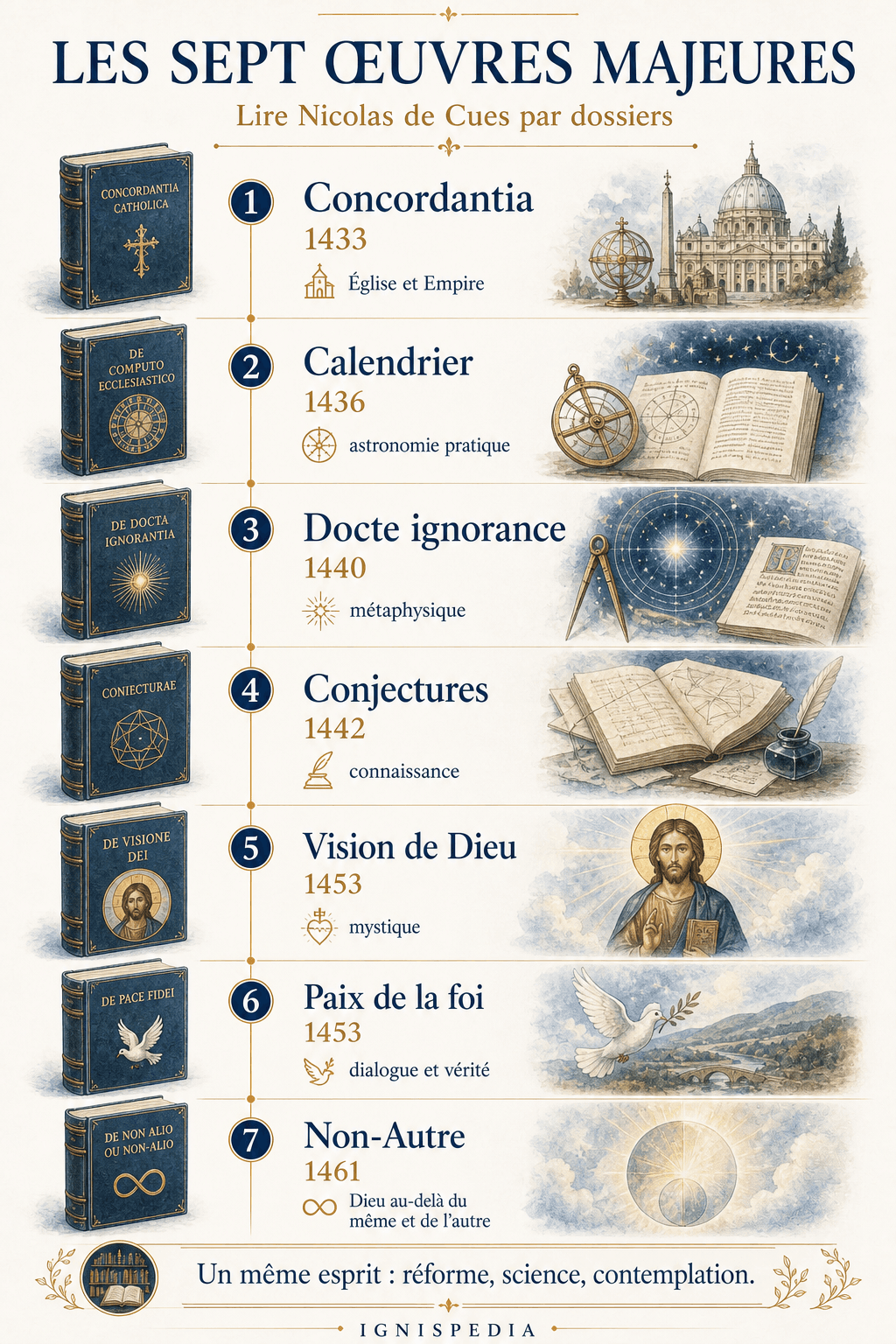 Infographie listant sept œuvres majeures de Nicolas de Cues, de De concordantia catholica à De li non aliud.