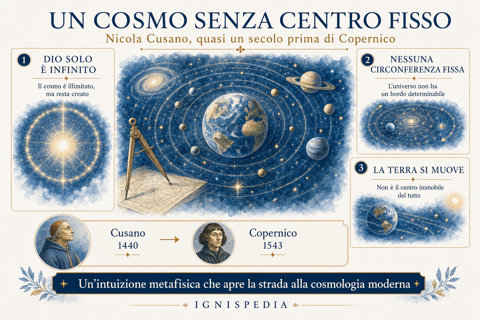 Infografica sul cosmo senza centro fisso secondo Nicola Cusano, prima di Copernico.