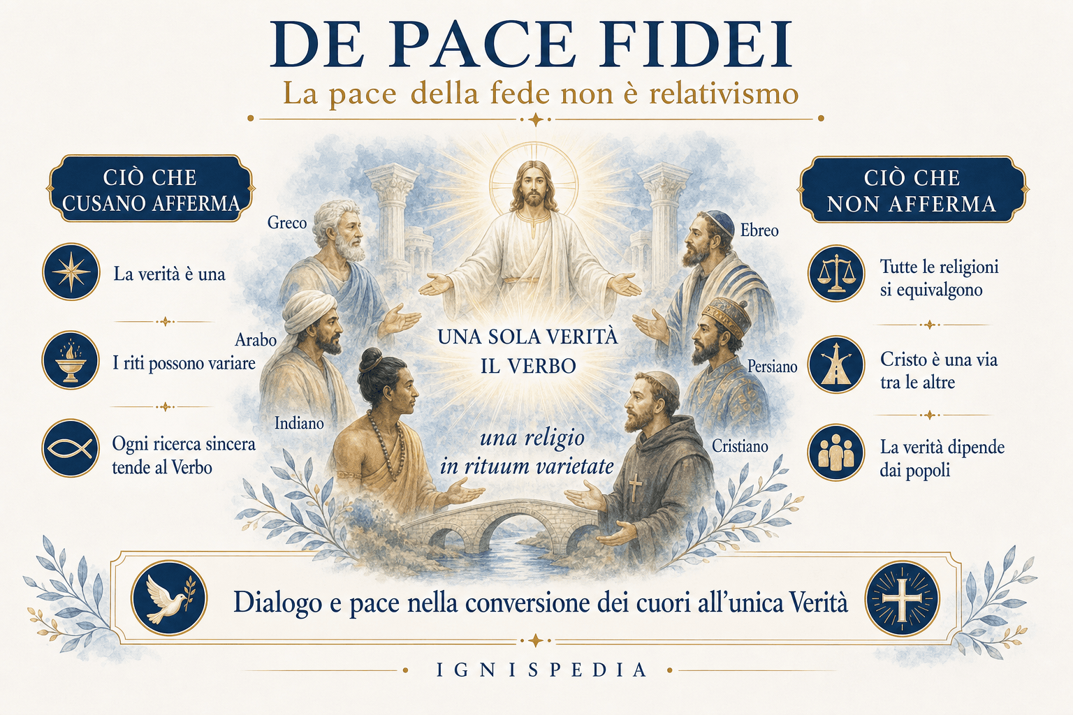 Infografica che spiega che De pace fidei difende la pace della fede senza relativismo religioso.