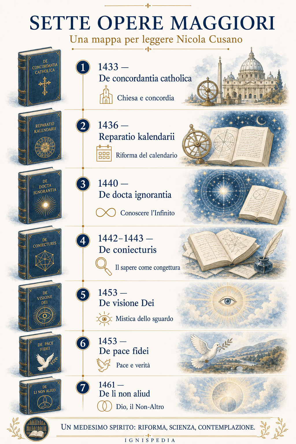 Infografica che elenca sette opere maggiori di Nicola Cusano, da De concordantia catholica a De li non aliud.