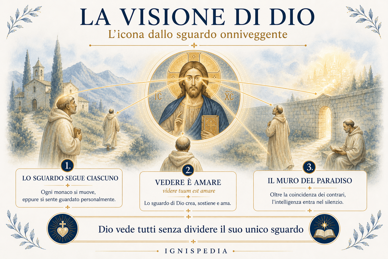 Infografica sull’icona dallo sguardo onniveggente del De visione Dei: ogni monaco è guardato dallo stesso volto di Cristo.