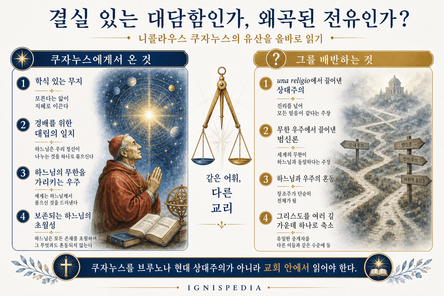 니콜라우스 쿠자누스의 진정한 사상과 그를 오해한 상대주의·범신론적 해석을 비교하는 인포그래픽.