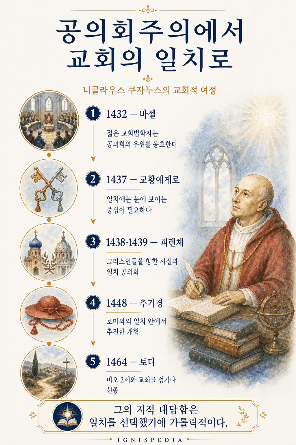 니콜라우스 쿠자누스가 바젤의 공의회주의에서 로마 친교의 봉사로 전환하는 연대표.