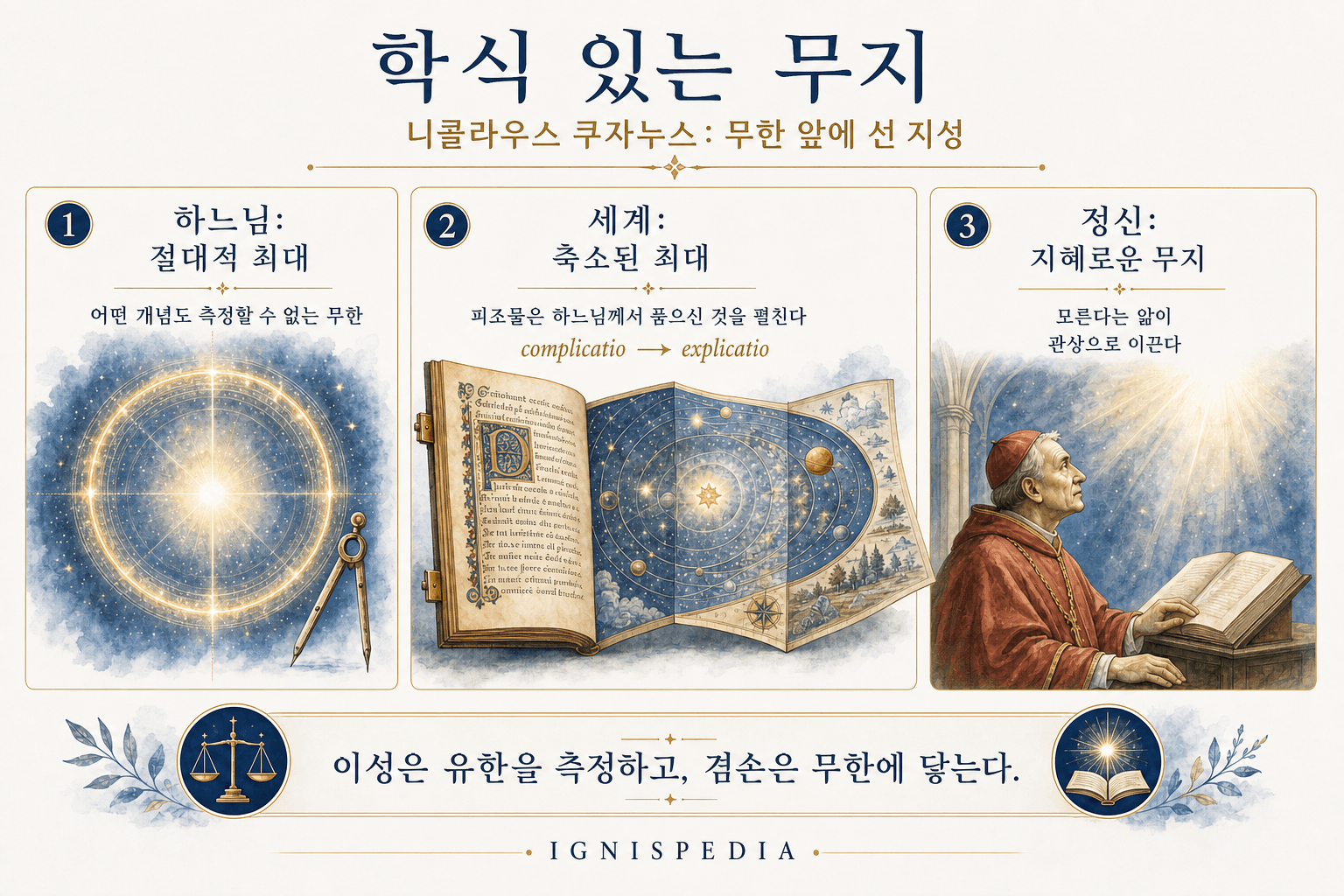 니콜라우스 쿠자누스의 박식한 무지에 관한 인포그래픽: 하느님은 절대적 최대, 세계는 수축된 최대, 정신은 박식한 비지식 안에 있다.