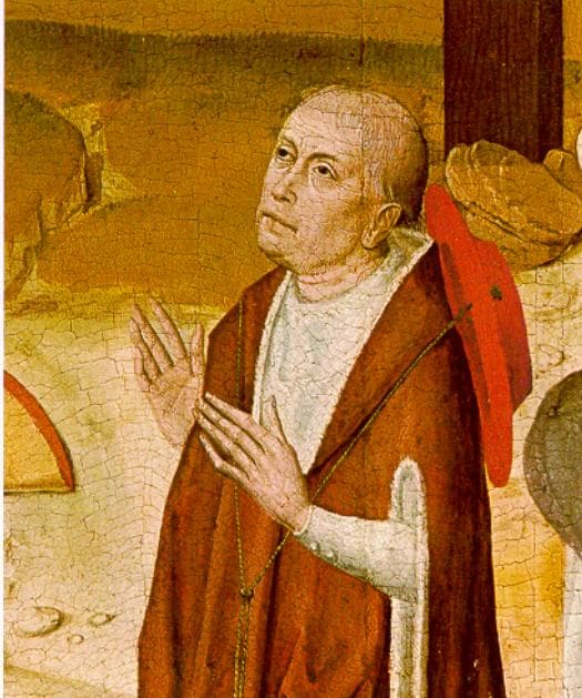 Antico ritratto di Nicola Cusano in abito cardinalizio, mani giunte.