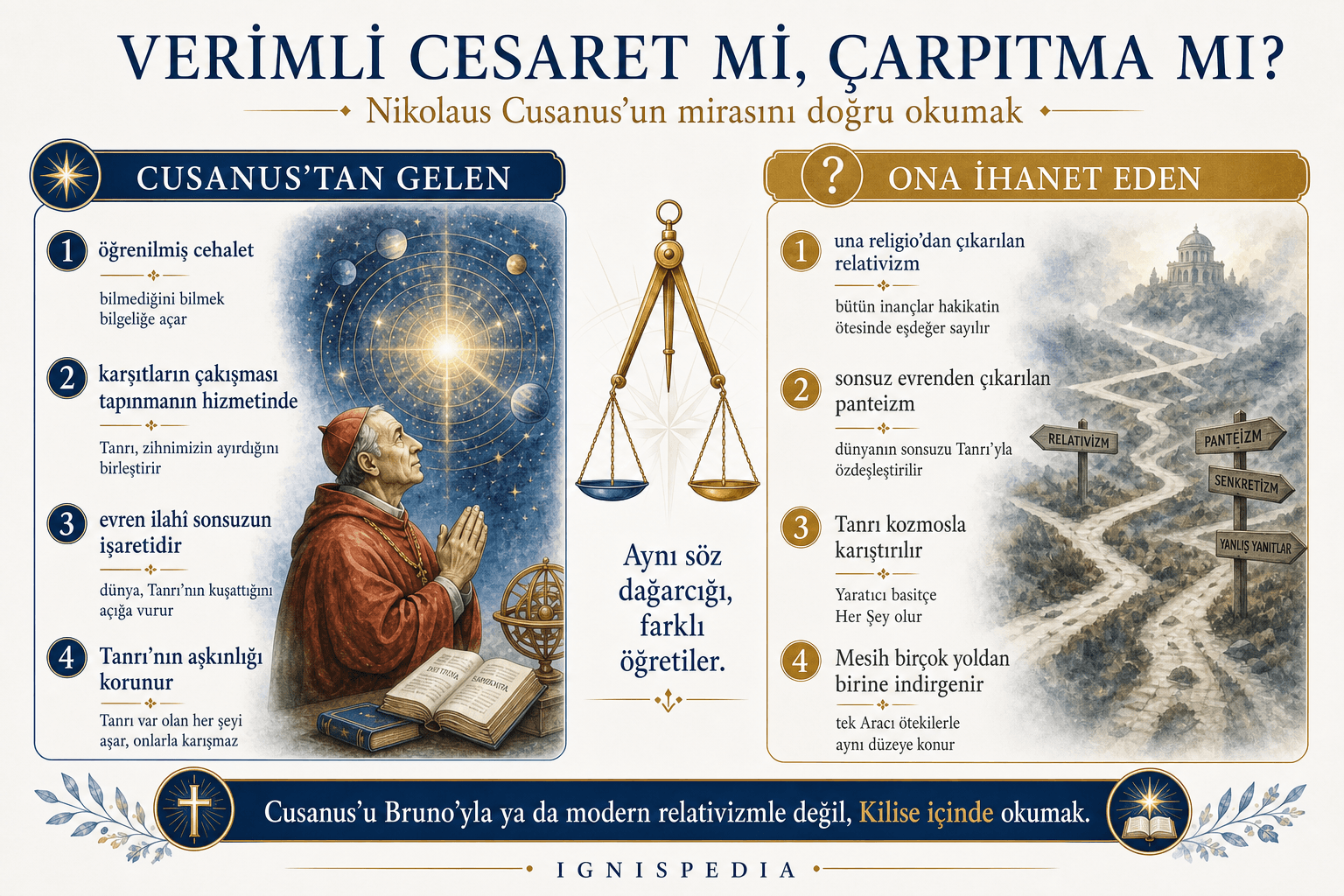 Nicolas de Cues’tan gerçekten gelenlerle, onu rölativist veya panteist şekilde sahiplenenlerin ihanetini karşılaştıran infografik.
