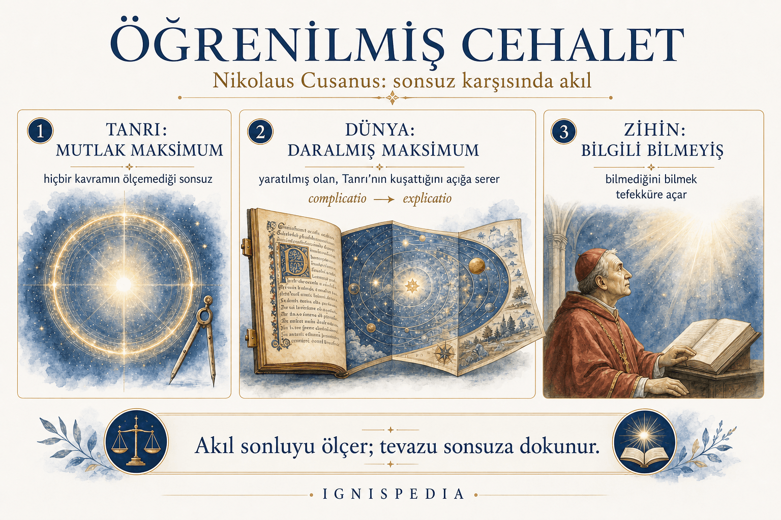 Nikolaus von Cues’in bilgece cehaleti üzerine infografik: Tanrı mutlak maksimum, dünya büzülmüş maksimum, ruh ise bilgece bilgisizlikte.