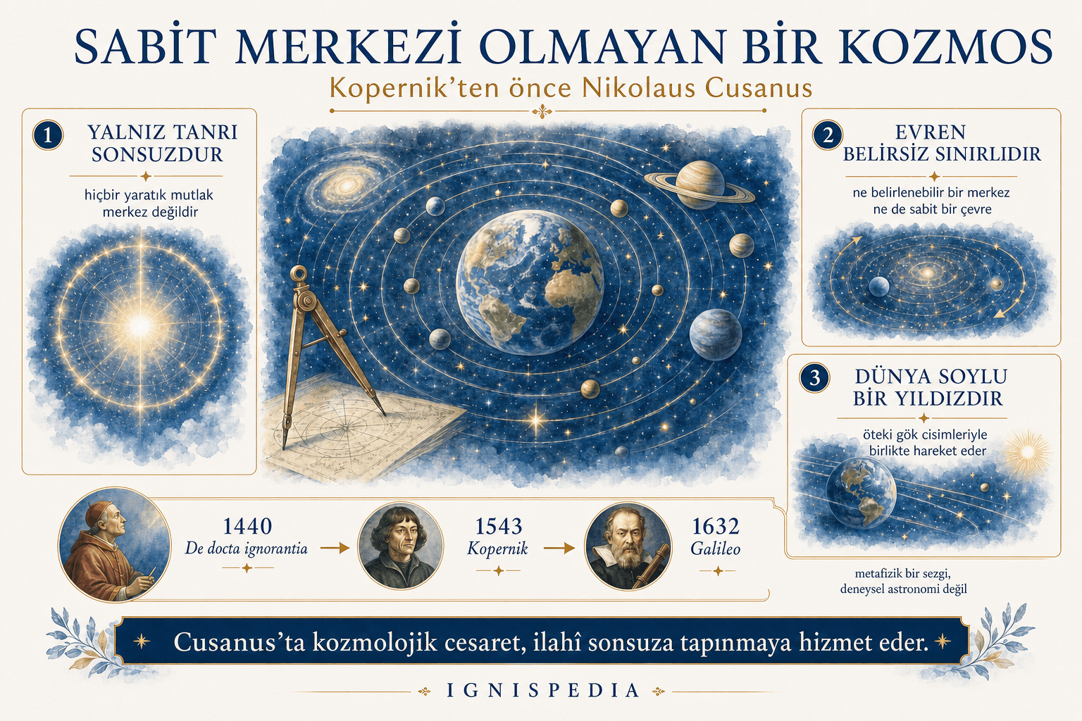 Nicolas de Cues’a göre, Kopernik’ten önce sabit merkezi olmayan kozmos üzerine infografik.
