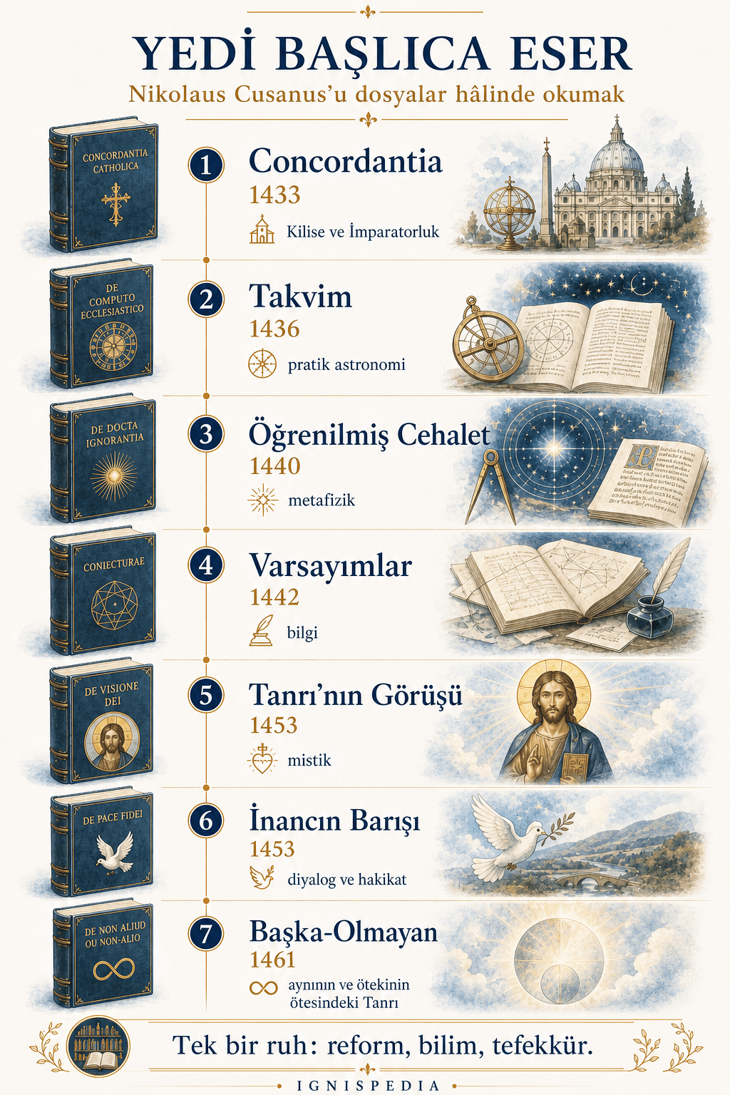 Nicolas de Cues’un yedi başlıca eserini, De concordantia catholica’dan De li non aliud’a kadar listeleyen infografik.