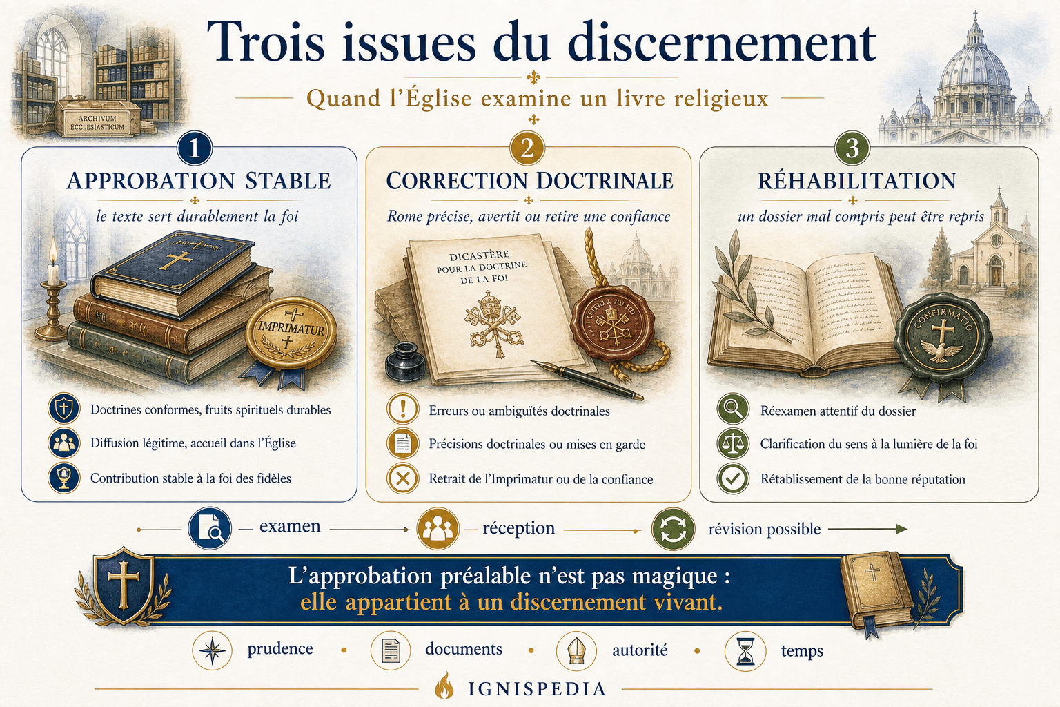 Schéma des trois issues possibles du discernement d'un livre religieux : approbation stable, correction doctrinale ou réhabilitation