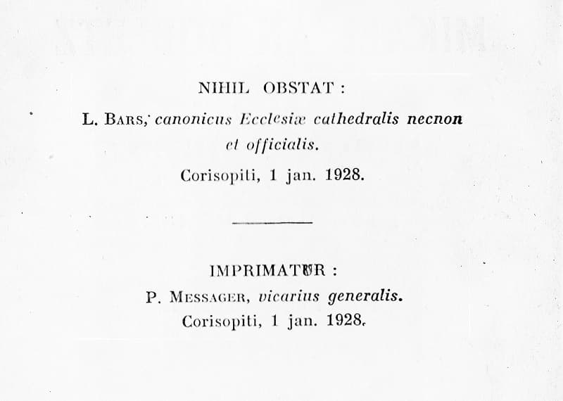 Fac-similé d'un Nihil Obstat et d'un Imprimatur catholiques dans un livre liturgique imprimé à Brest en 1928