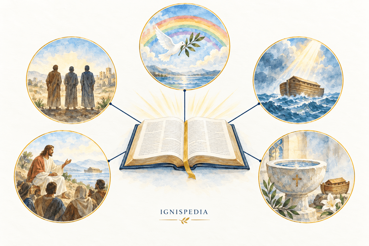 Cinq passages bibliques relient Noé aux prophètes, à la Sagesse, au Christ et au baptême