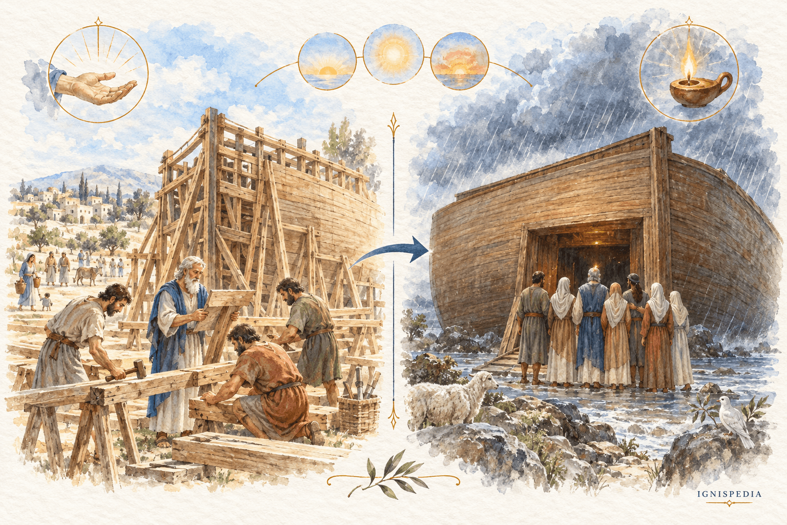 Noé et ses fils construisent l’arche avant la pluie, puis la famille y trouve refuge