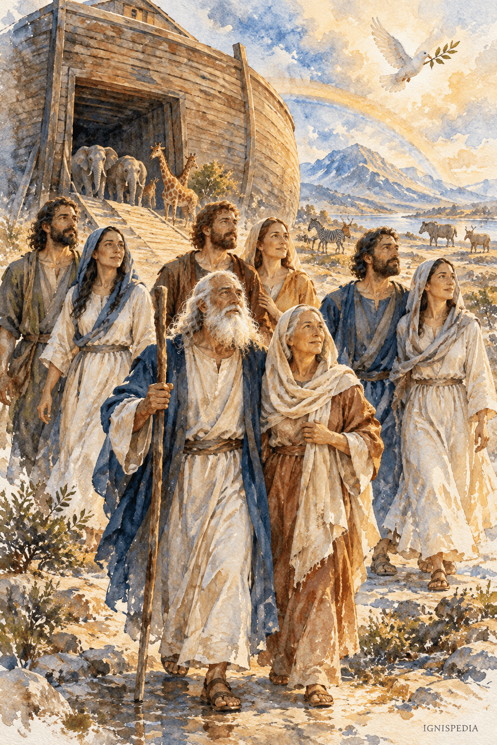 Noé et les sept membres adultes de sa famille sortent de l'arche sous l'arc-en-ciel
