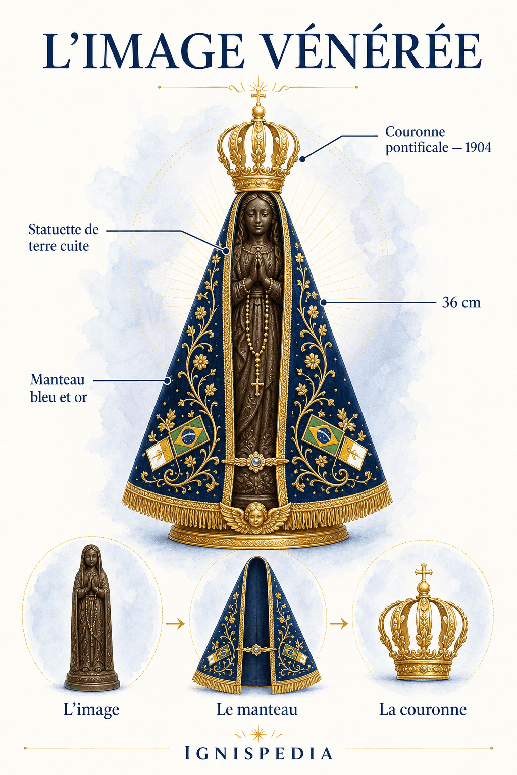 Schema der Statuette, des blau-goldenen Mantels und der Krone Unserer Lieben Frau von Aparecida