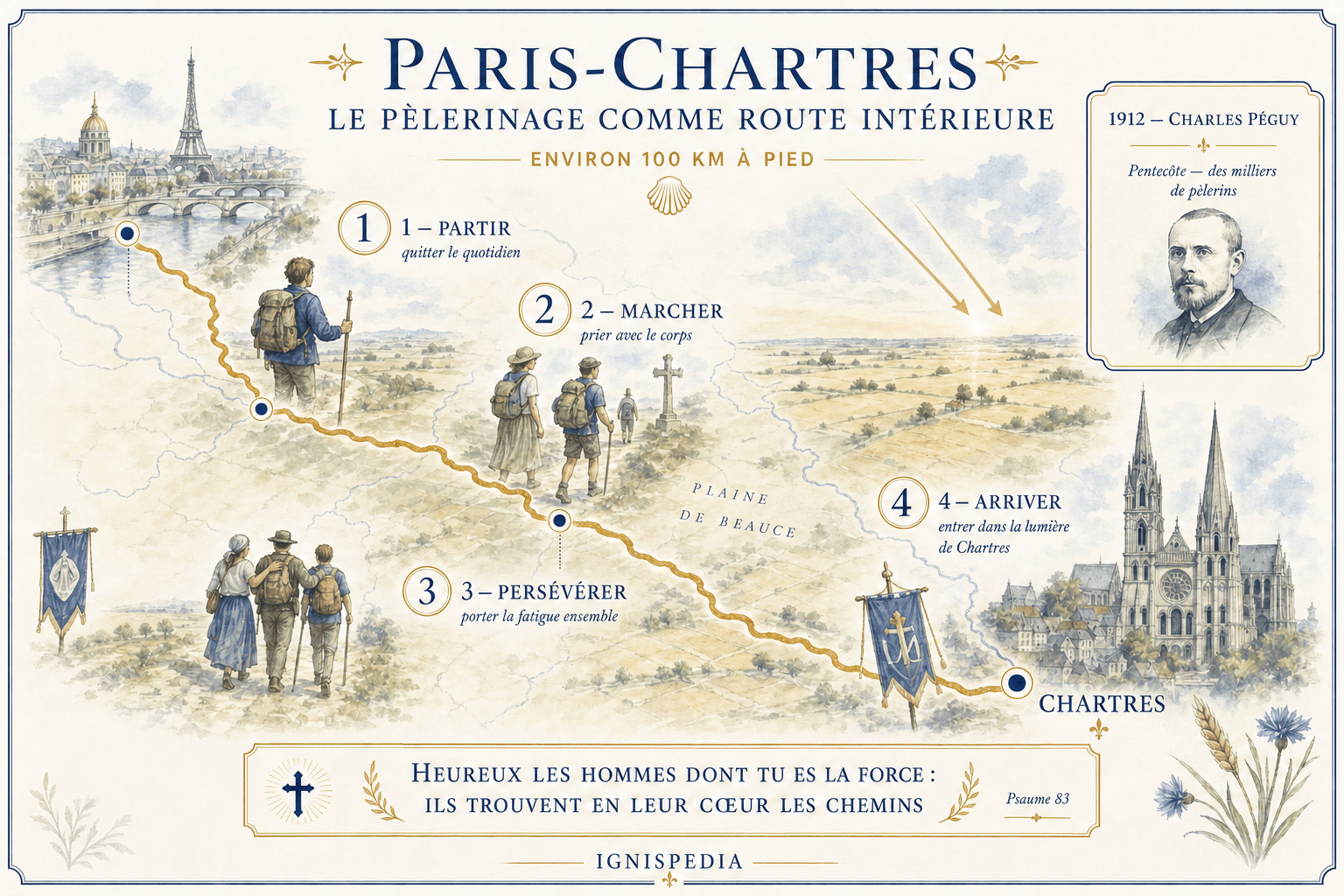 Carte illustrée du pèlerinage à pied de Paris à Chartres et de ses quatre étapes spirituelles