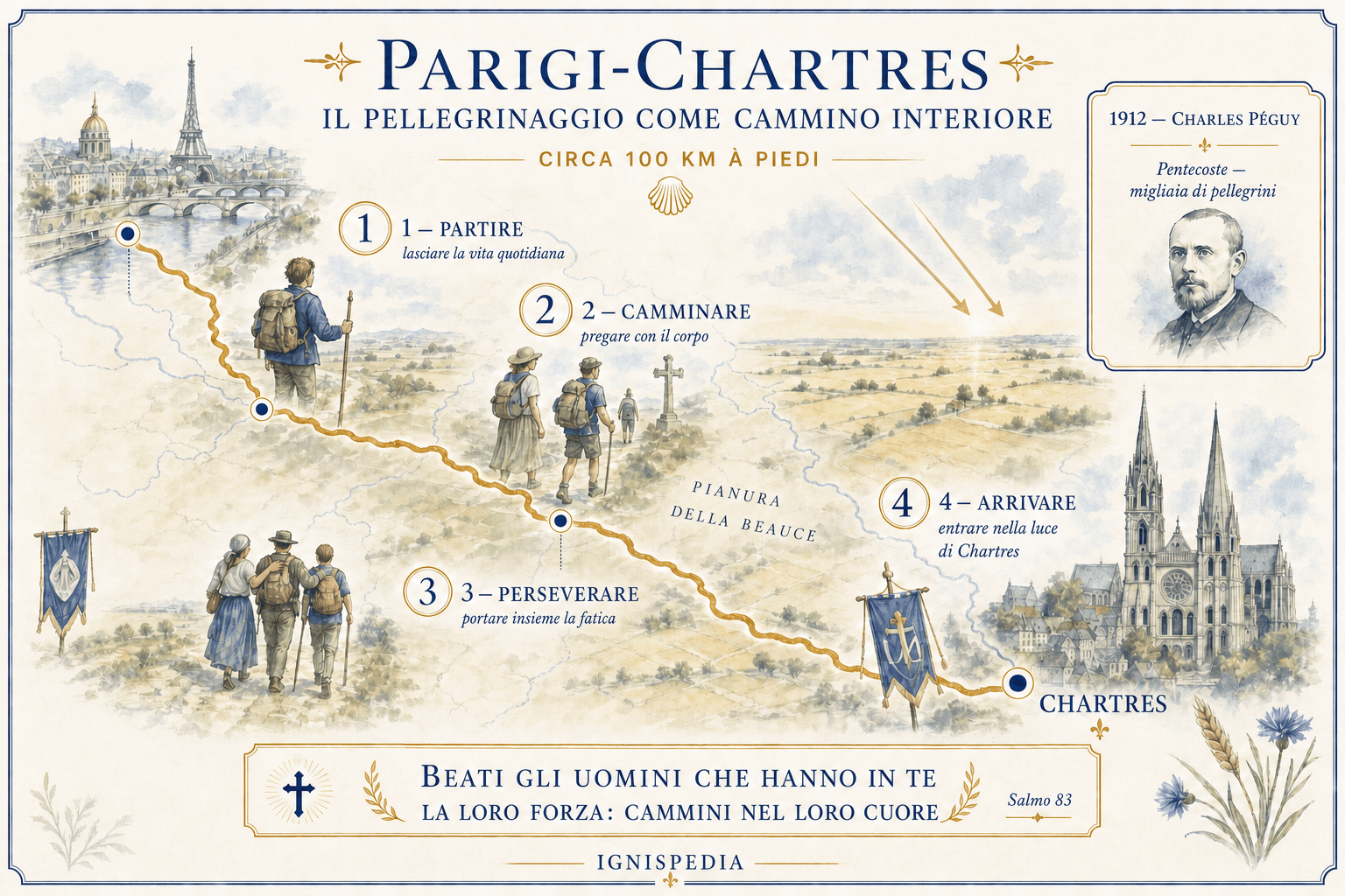 Mappa illustrata del pellegrinaggio a piedi da Parigi a Chartres e delle sue quattro tappe spirituali