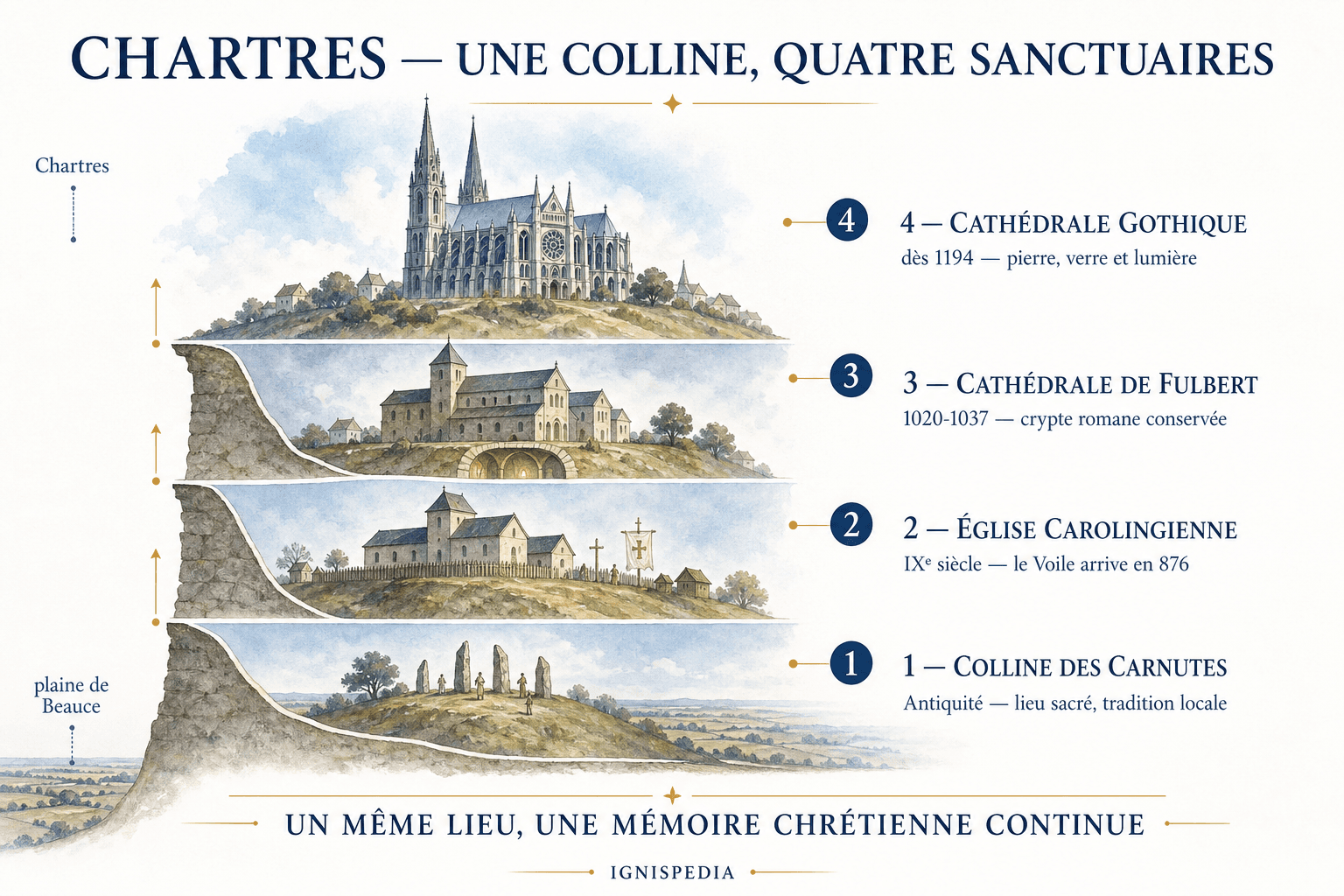 Infographie montrant les quatre sanctuaires successifs élevés sur la colline de Chartres