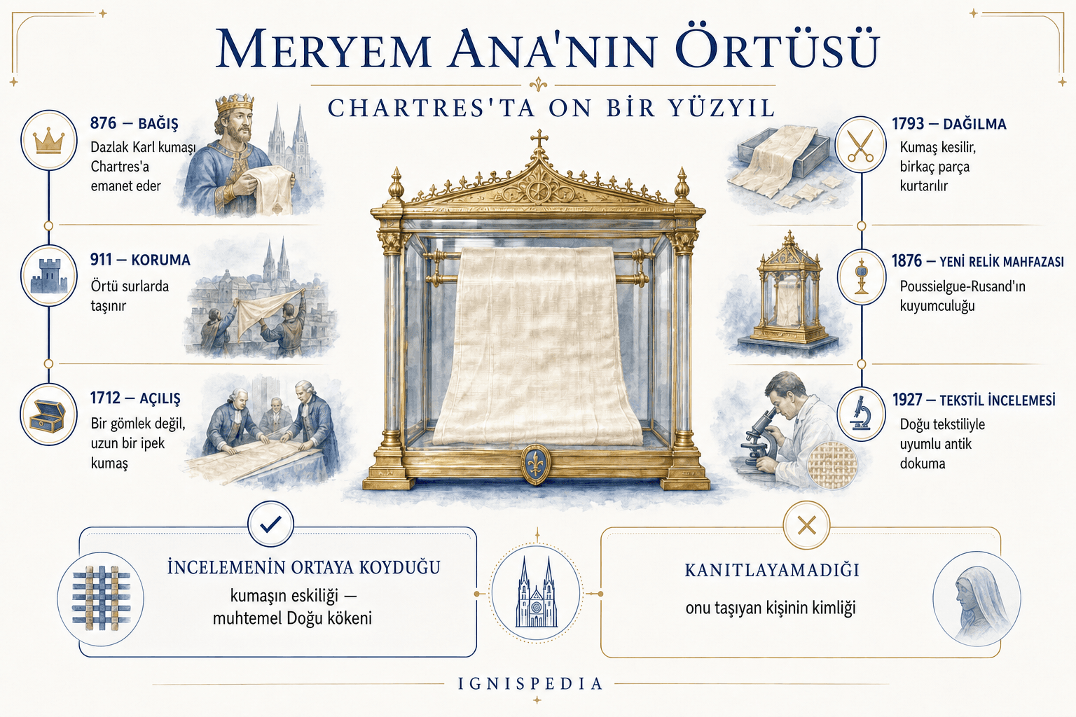 Chartres'taki Meryem Ana Örtüsü'nün on bir yüzyıllık tarihini anlatan infografik