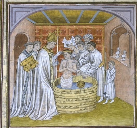 Batismo de Rollon pelo arcebispo de Ruão, miniatura das Grandes Crónicas de Saint-Denis