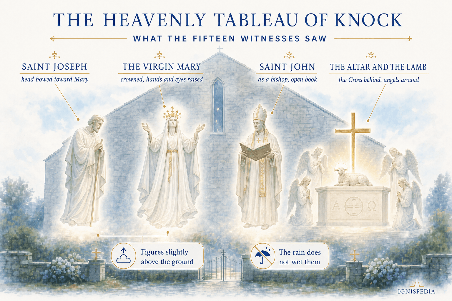Annotated diagram of the heavenly tableau seen at Knock, with Joseph, Mary, John and the Lamb