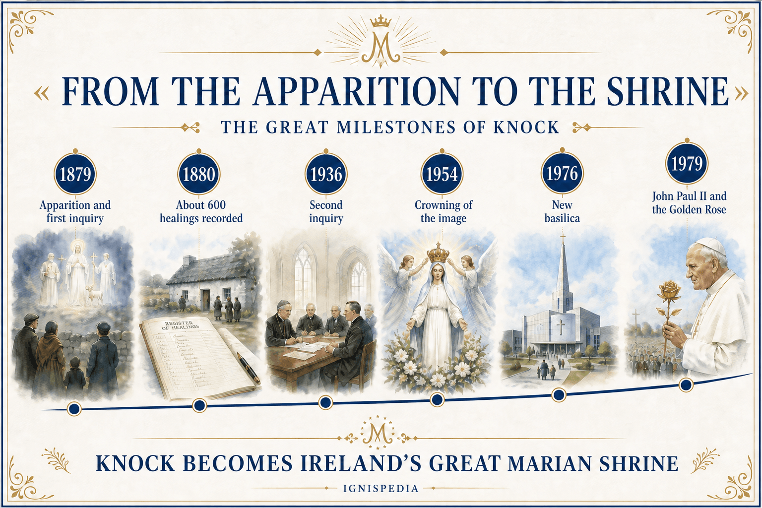 Timeline of the principal milestones at Knock from 1879 to 1979