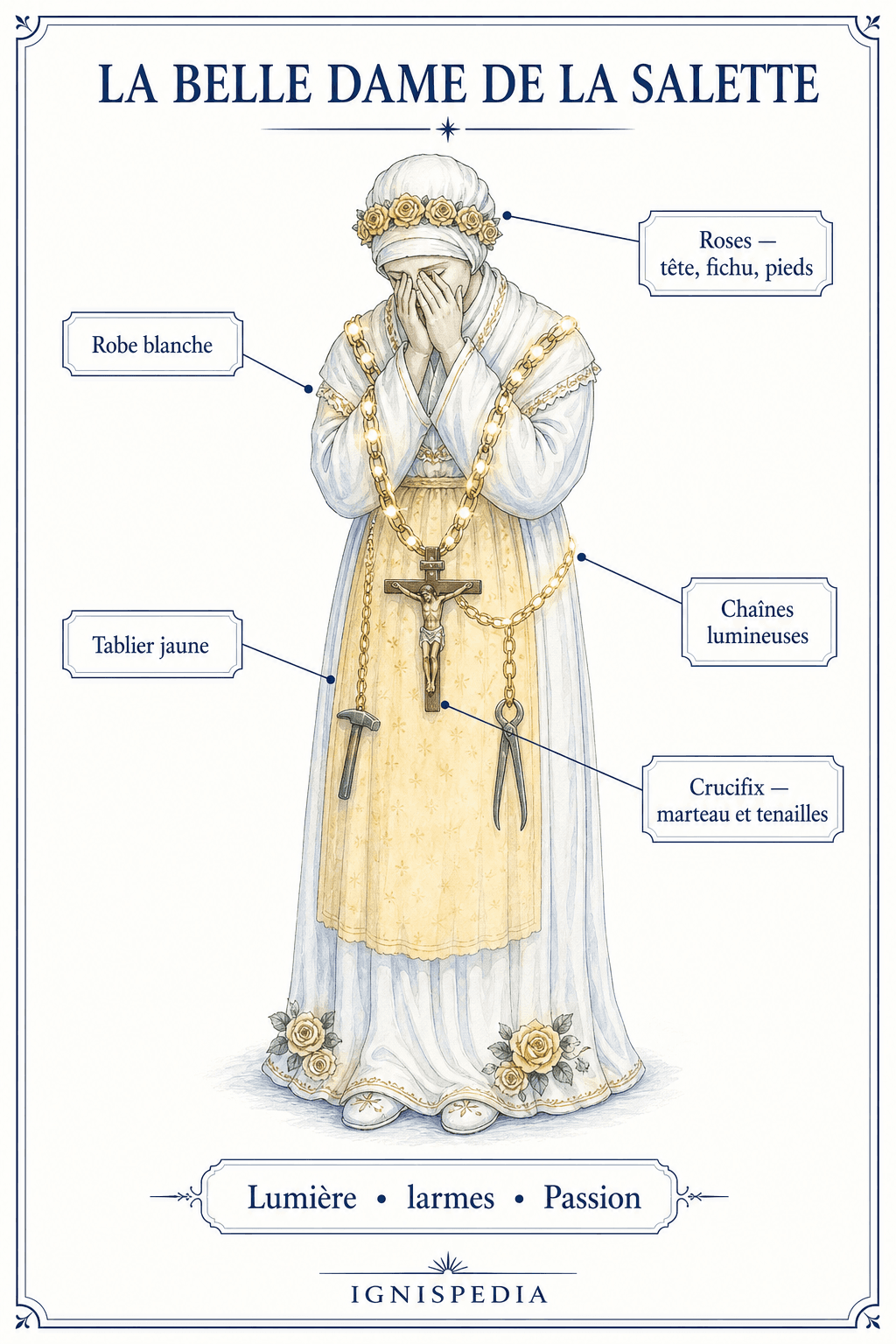Schema annotato delle vesti e dei simboli della Bella Signora di La Salette