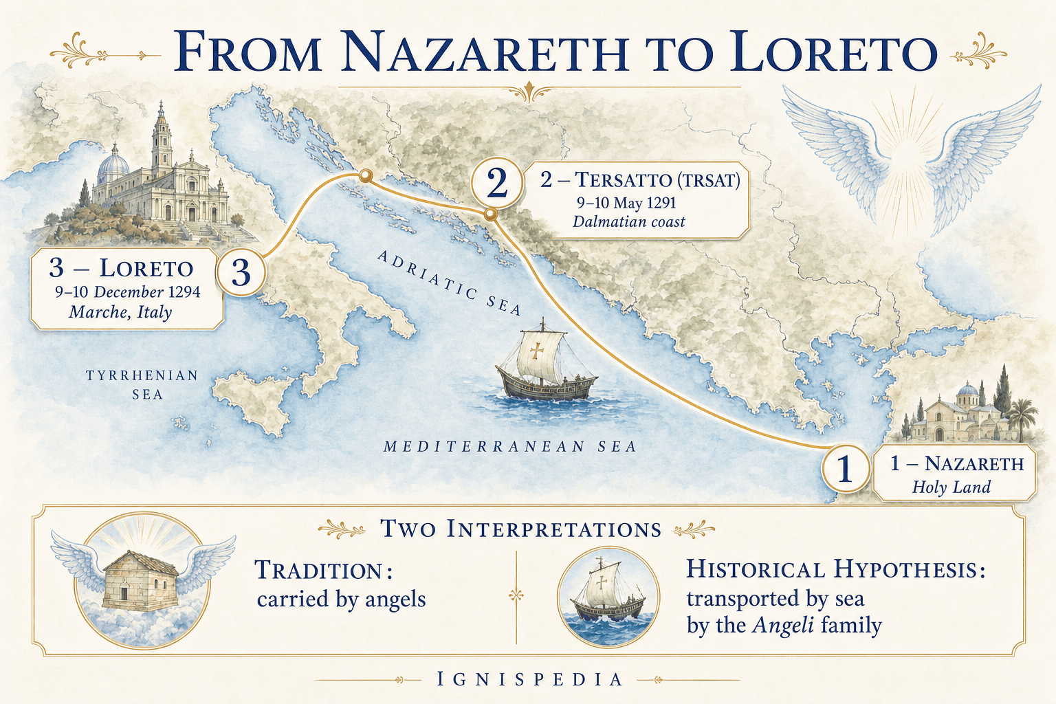 Map of the traditional translation of the Holy House from Nazareth to Tersatto and then Loreto