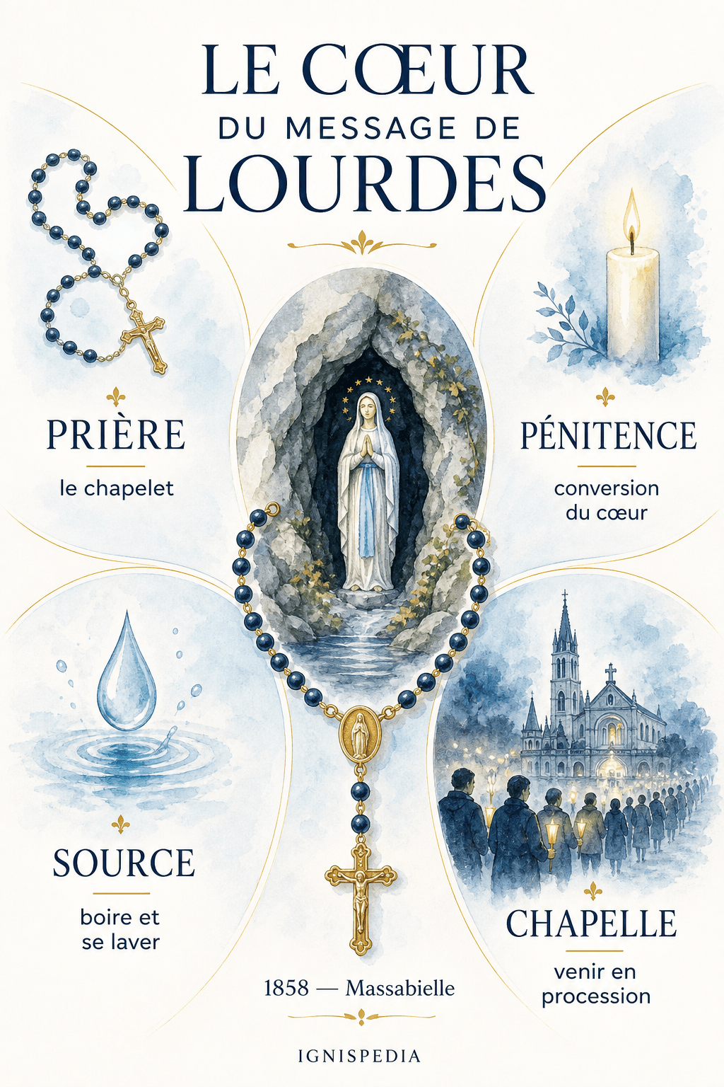 Ignispedia-Infografik zum Kern der Botschaft von Lourdes: Gebet, Buße, Bekehrung, Kapelle und Prozession