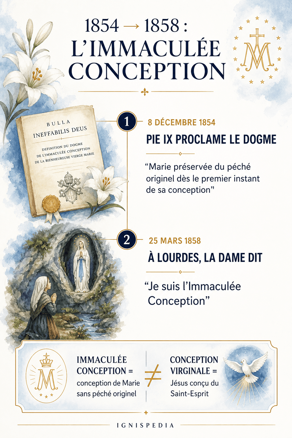 Ignispedia-Infografik, die das Dogma der Unbefleckten Empfängnis von 1854 mit dem 1858 in Lourdes offenbarten Namen verbindet