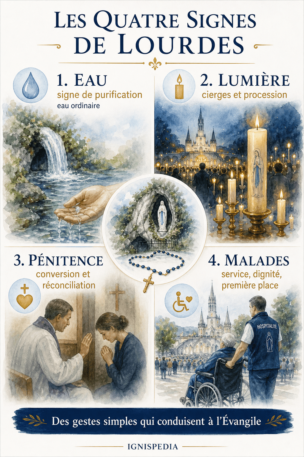 Ignispedia-Infografik zu den vier geistlichen Zeichen von Lourdes: Wasser, Licht, Buße und Dienst an den Kranken