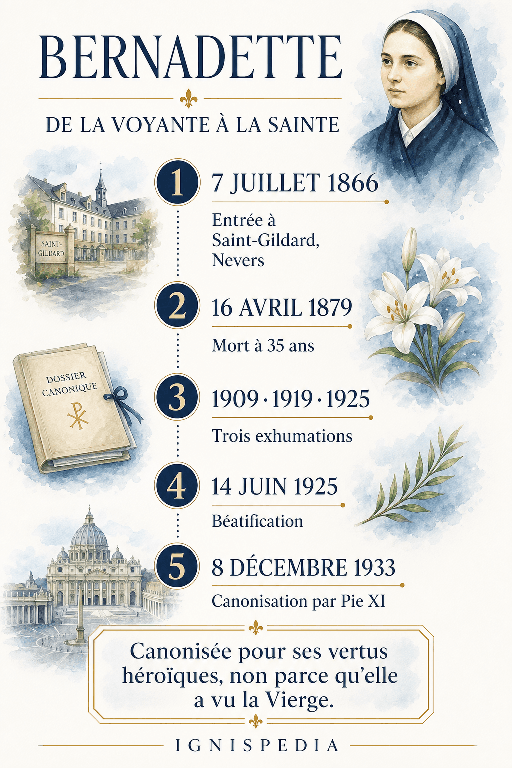Ignispedia-Infografik über den Weg Bernadettes von der Seherin von Lourdes zur heiliggesprochenen Heiligen