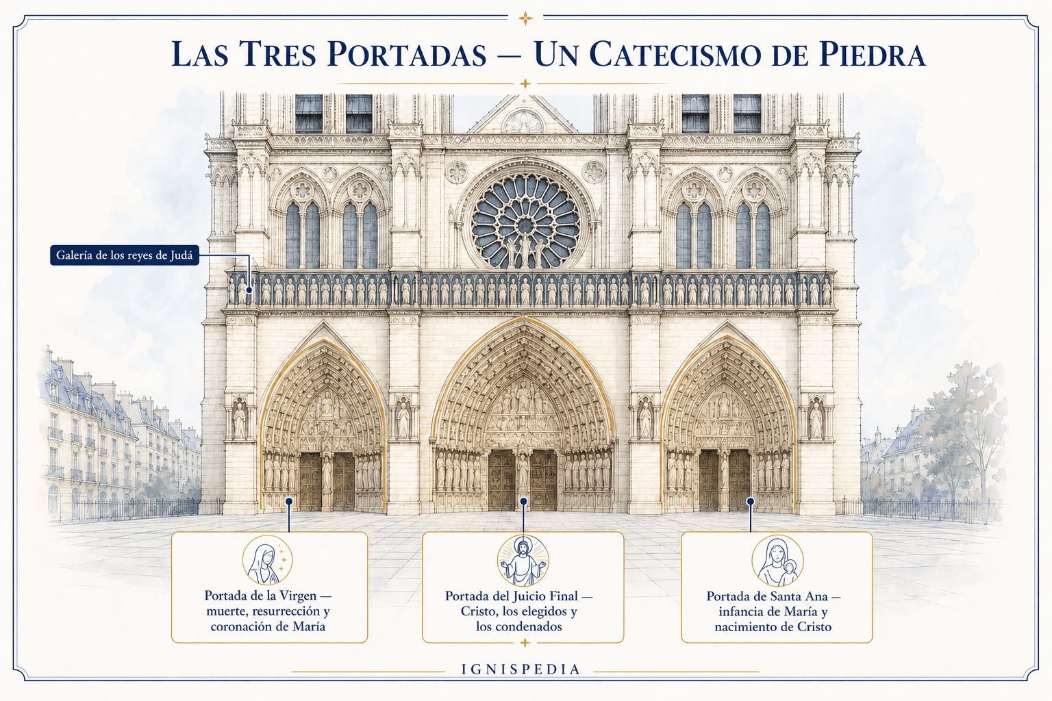 Fachada anotada con el portal de la Virgen, el Juicio Final y el portal de Santa Ana