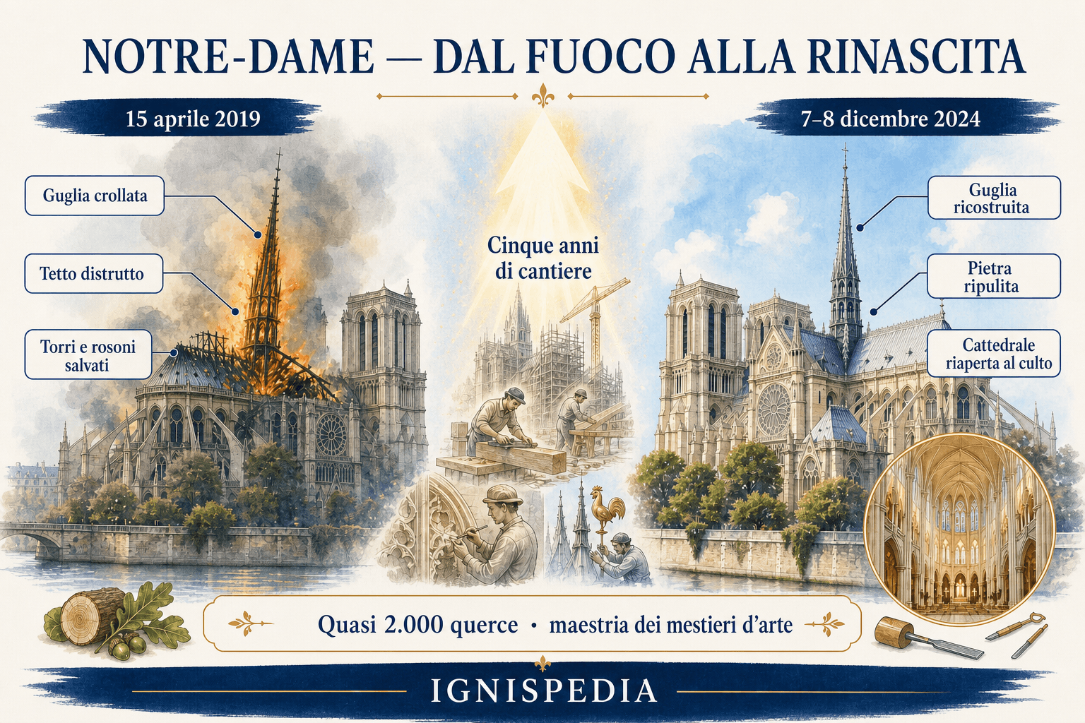 Notre-Dame durante l'incendio del 2019 e dopo il restauro nel 2024