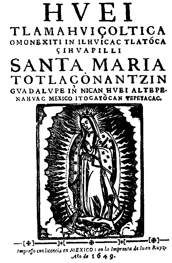 Portada del Huei Tlamahuiçoltica impreso en México en 1649