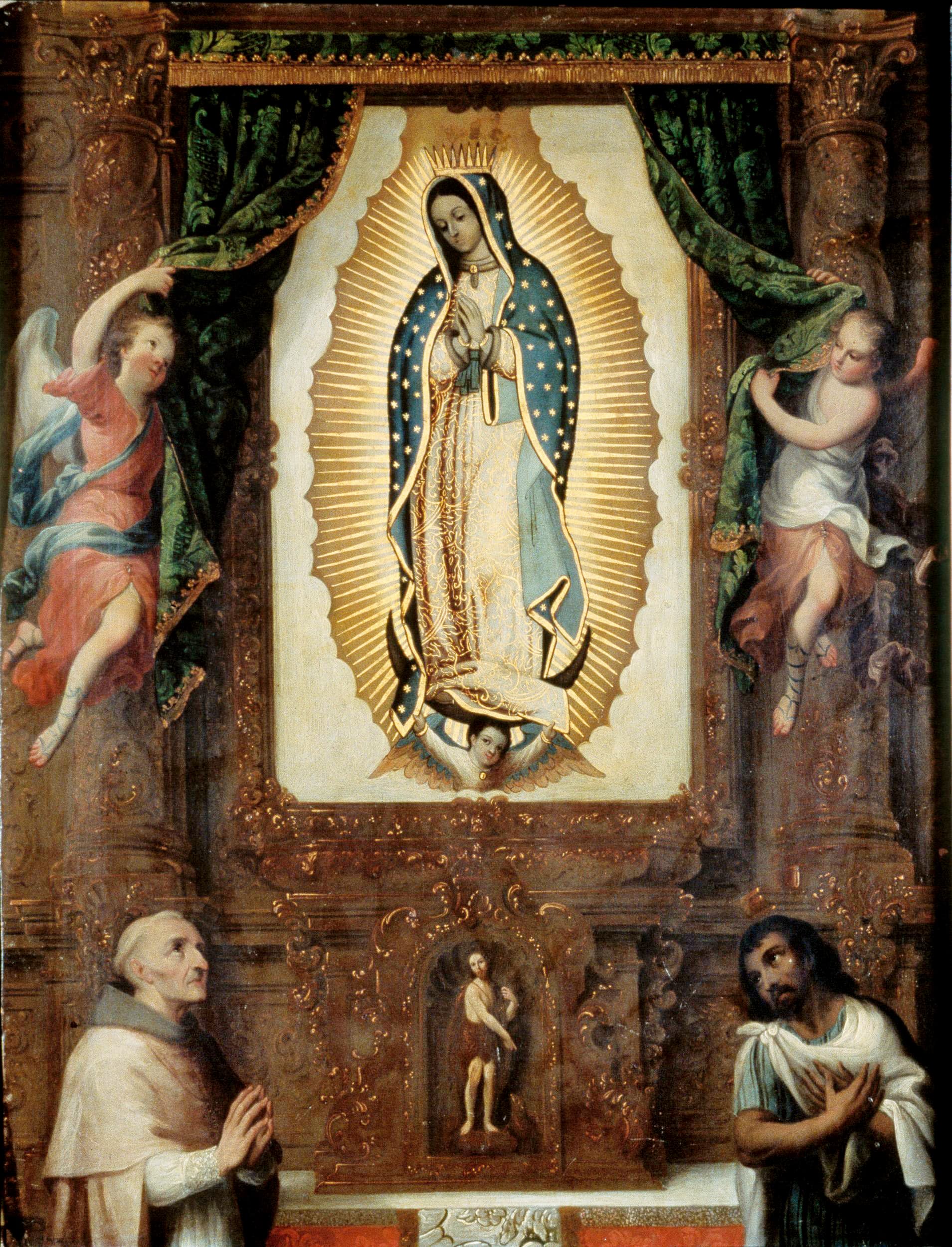 Miguel Cabrera, retablo que representa la revelación de la imagen de la Virgen ante Mons. Zumárraga y Juan Diego