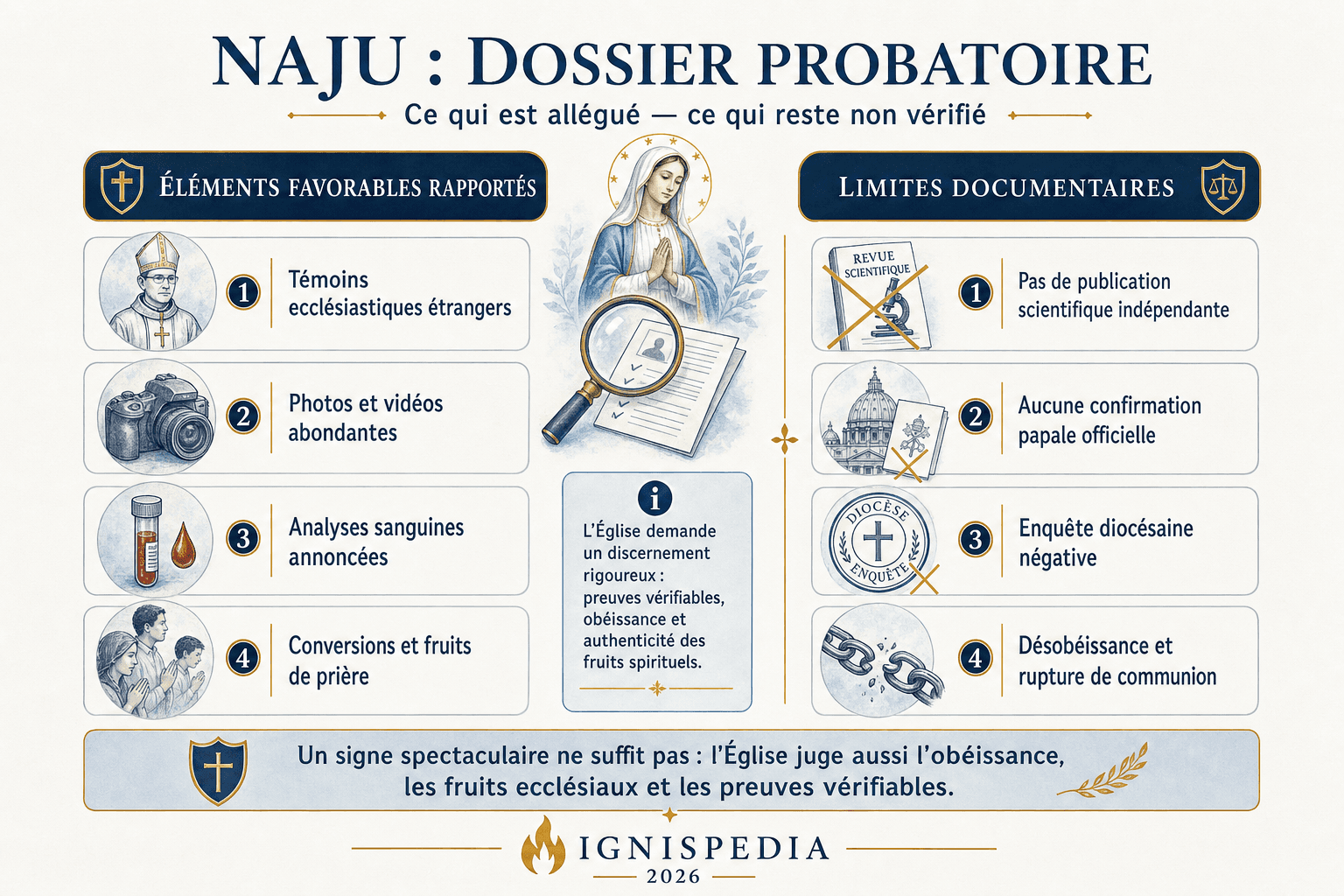 Infographie comparant les éléments favorables et les limites documentaires du dossier Naju