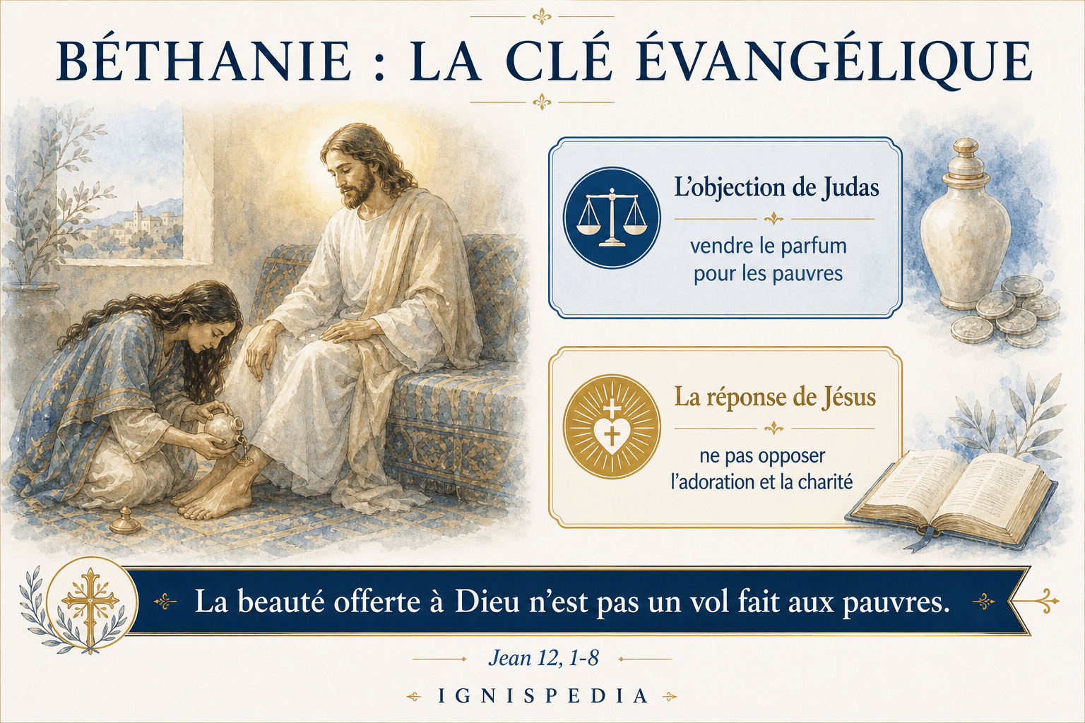Infographie resumant la cle evangelique de Bethanie : objection de Judas et reponse de Jesus